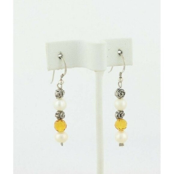 Sterling Silver White and Yellow Pearl and Flower Earrings Dangle Drop Earrings - Picture 5 of 6